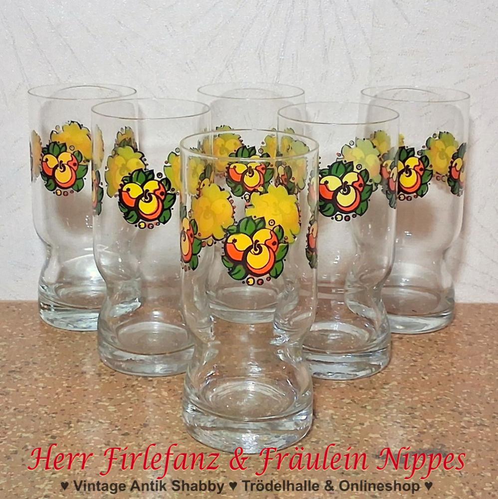 DDR Gläser für Saft, Limo und Wasser mit buntem Obst Dekor (3 stilisierte Äpfel) aus den 70er Jahren der DDR