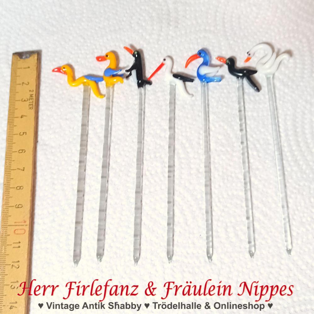 DDR Vintage Pieker  Spieße für Häppchen und Buffet aus Glas mit Vögeln aus den 50er  60er Jahren