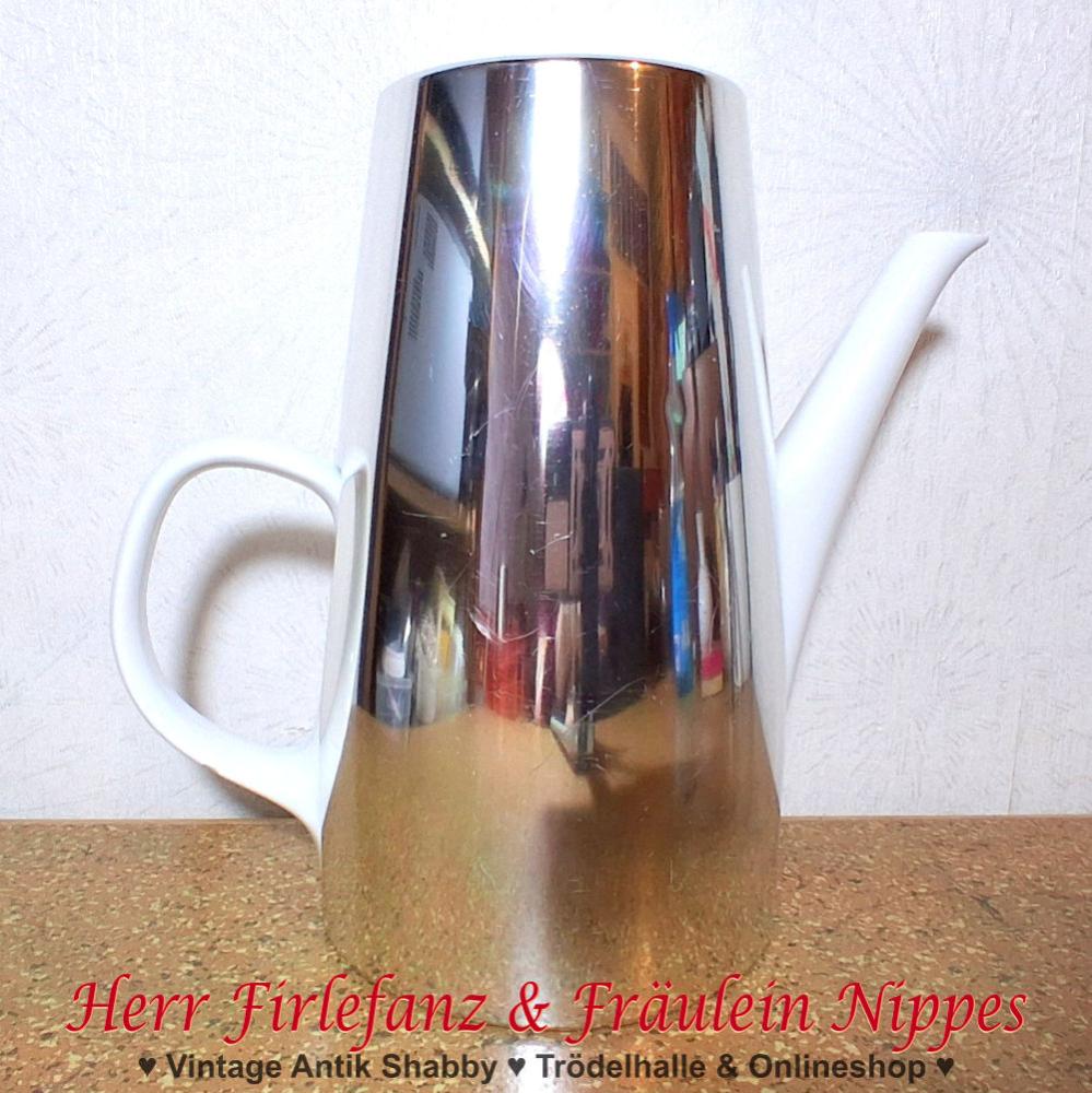Alte Midcentury Vintage Melitta Kanne insbes. Kaffeekanne aus weißem Porzellan mit silberfarbener Thermohaube 750ml