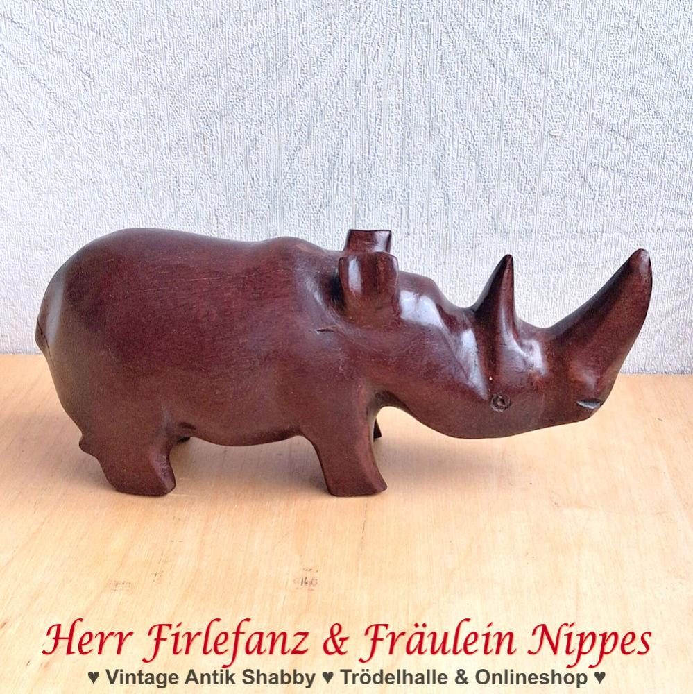 Kleine Vintage Midcentury Deko Figur Nashorn aus rötlich braunem Teak Holz geschnitzt vermutlich 50er  60er Jahre