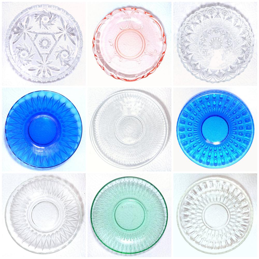 Kleine Vintage Teller für Dessert, Kuchen und Eis aus Glas (klar, bunt, farbig) oder Bleikristall aus den 50er, 60er, 70er, 80er Jahren und DDR