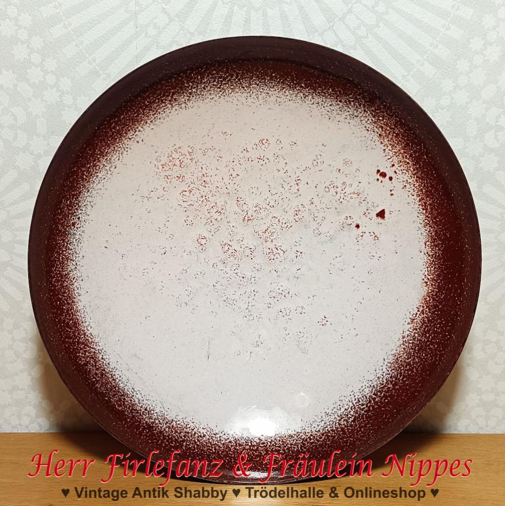 Kleine runde Vintage Emaille Schale / Tellerchen aus Metall in rosa und braun emailliert aus den 50er Jahren