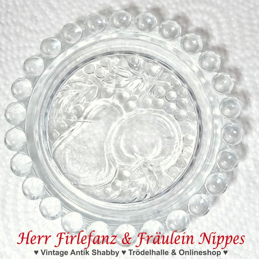 Kleiner Untersetzer für Gläser  Trinkgläser aus dickem klarem Glas mit Apfel und Birne als Dekor und Perlenrand (Ø 10cm)