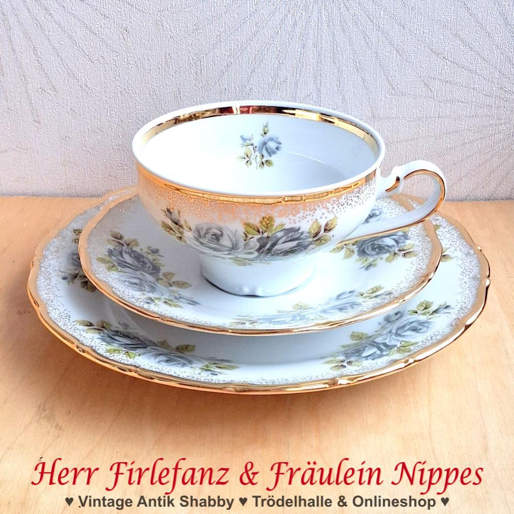 Sammeltasse bzw. Sammelgedeck Collection Carat Decor mit grauen Rosen, gesprenkeltem Golddekor und Goldrand