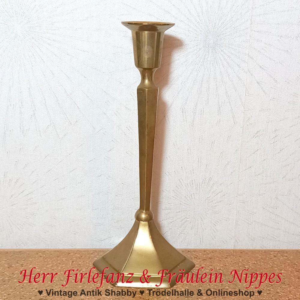 Schlanker, schlichter und goldfarbener Kerzenständer für Stabkerzen aus Messing (23cm) - vermutlich 20er  30er Jahre Art Deco