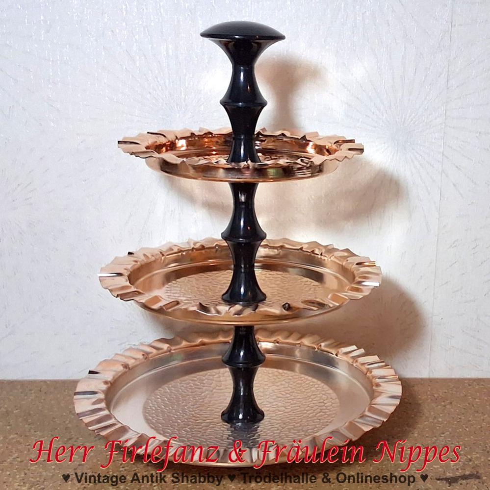 Vintage Etagere mit 3 Schalen für Obst, Gebäck oder Schmuck aus hellem Holz aus den 50er / 60er Jahren der DDR