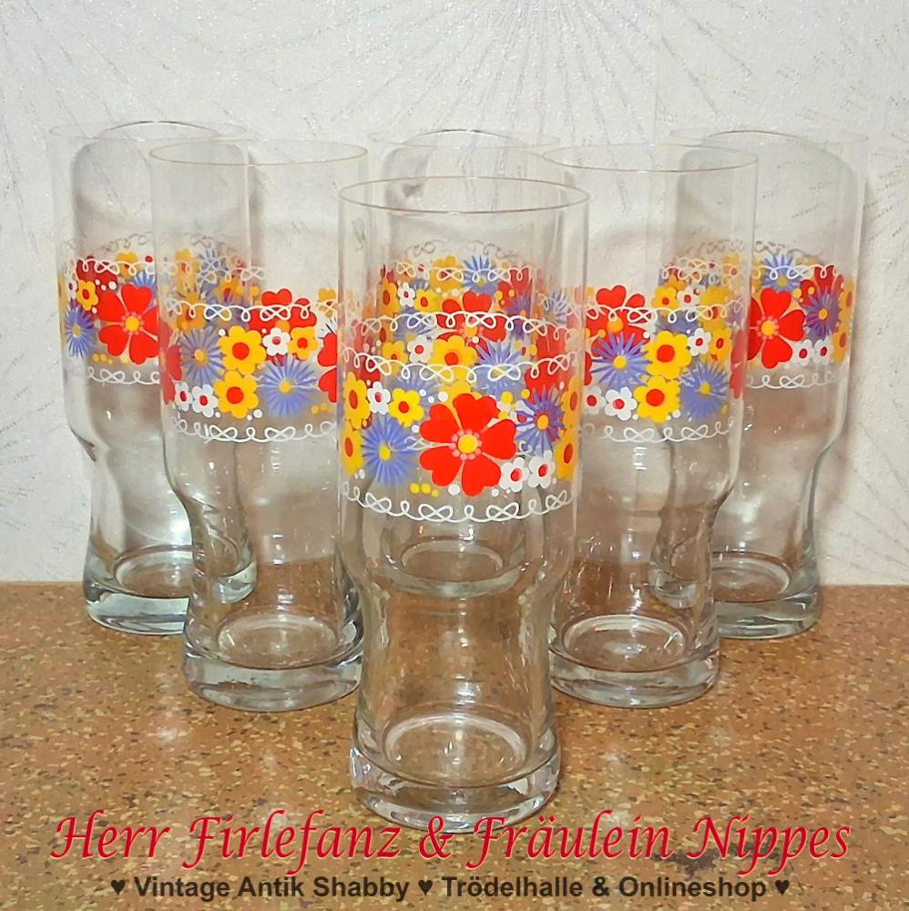 Vintage Gläser für Limoa, Saft und Wasser mit buntem Blumen Dekor in rot, blau, gelb und weiß aus den 80er Jahren