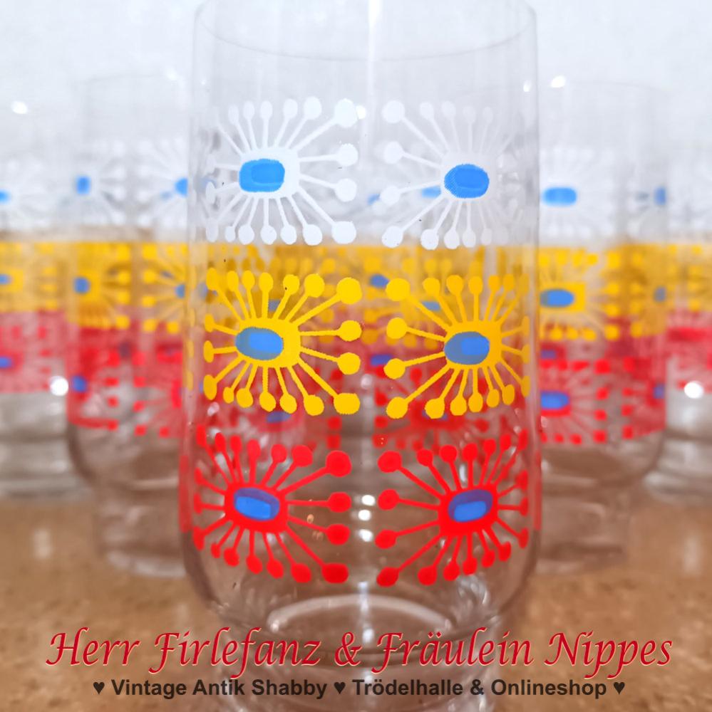 6 Vintage Limogläser mit Retro Sonnen