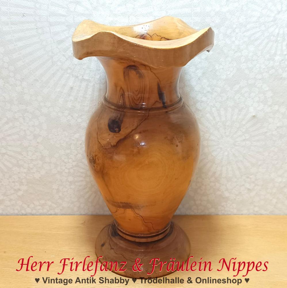 Vintage Holz Deko Hübsche alte bauchige Vase mit gewelltem Rand aus Holz  Wurzelholz aus den 70er Jahren