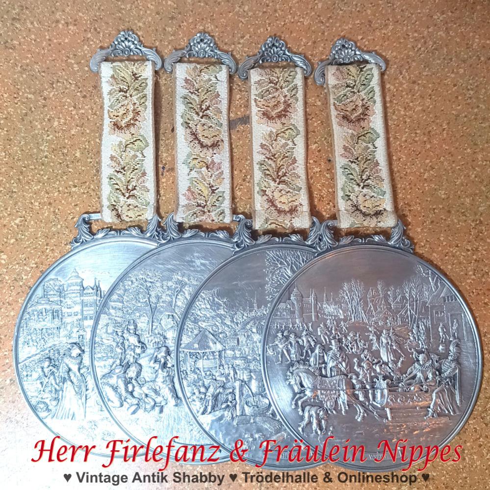 Vintage Jahreszeiten Dekoration, Wanddeko, Wandteller aus Zinn mit Relief Frühling, Sommer, Herbst und Winter (WMF)