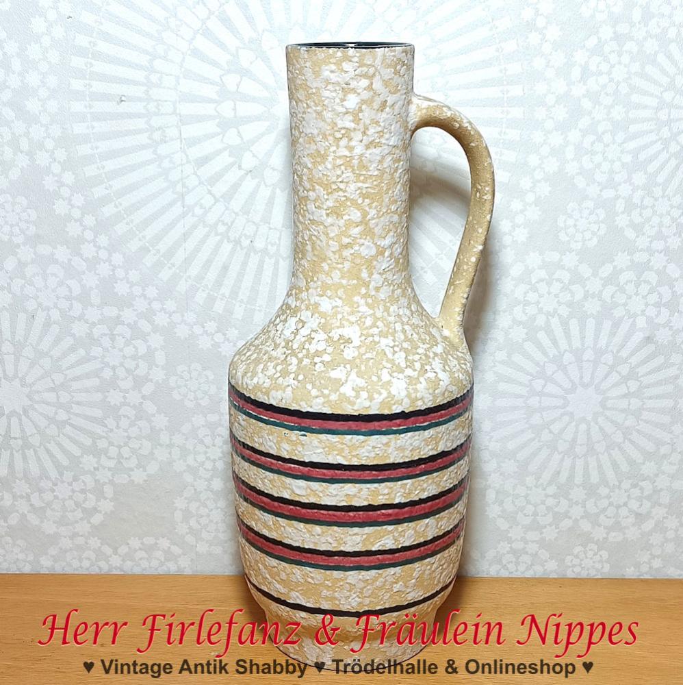 Vintage Keramik Vase / Henkelvase "Elbe" in beige mit weißen Tupfen und Ringeln in schwarz, dunkelrosa und petrol (25,5cm)