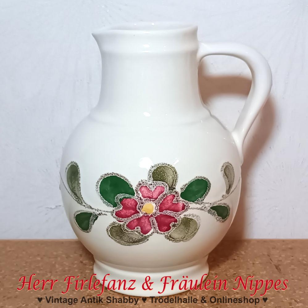 Vintage Lava Krug aus Keramik in in cremeweiß mit weinroten Blüten aus den 60er  70er Jahren (9076, Strehla, DDR)