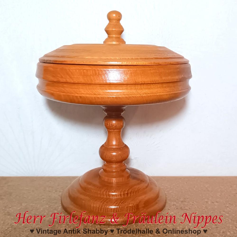 Vintage Schale aus hellem Holz glänzend lackiert mit Deckel und hohem Fuß aus den 70er Jahren der DDR