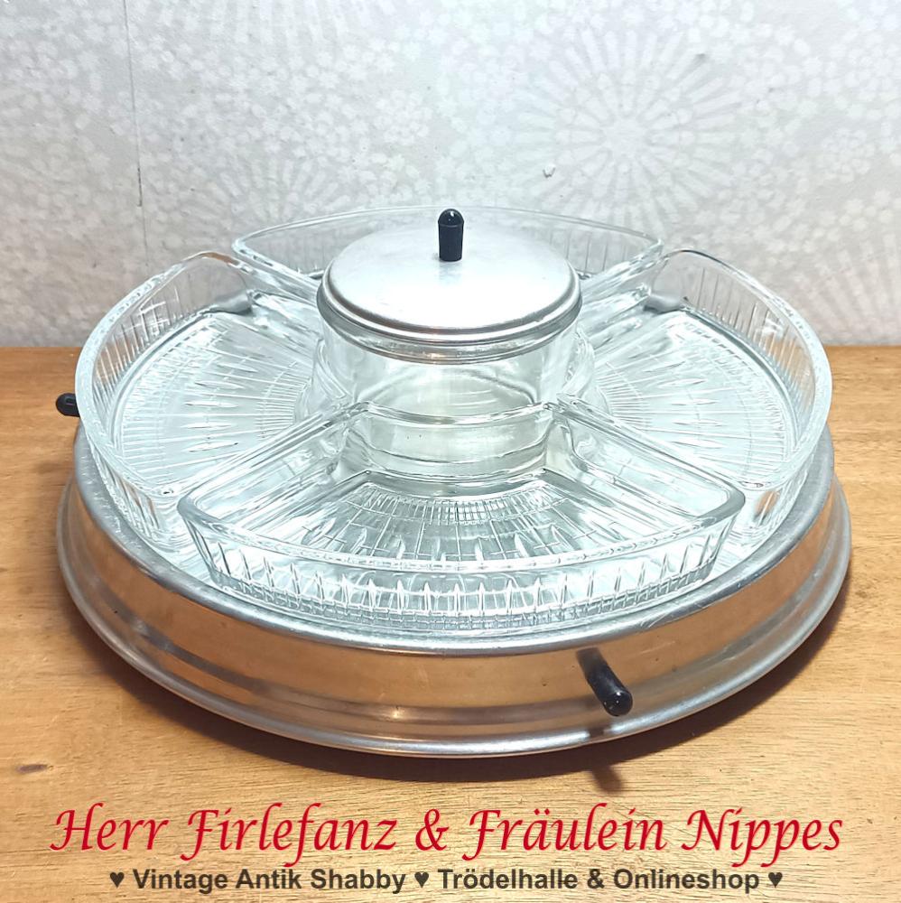 Vintage Snackteller mit verspiegeltem Drehteller, 4 Schalen aus Glas und Deckeldose aus eloxiertem Aluminium aus den 50er  60er Jahren der DDR