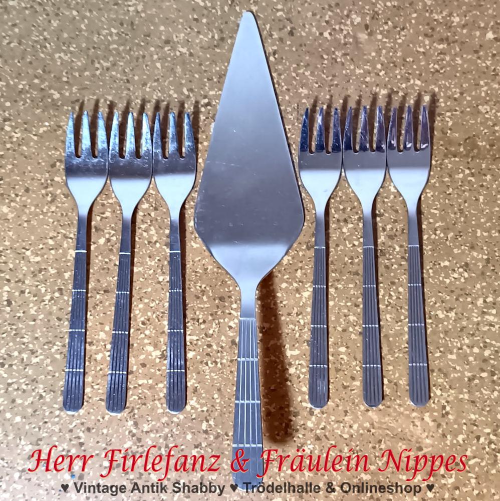 Vintage Tortenheber und 6 Kuchengabeln im Set mit unterbrochenem Rillen Dekor am Griff aus den 80er Jahren (DDR, ABS)