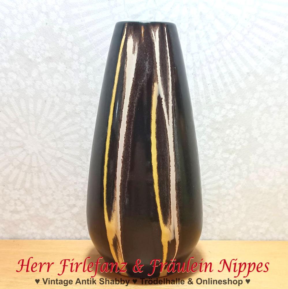 Vintage Vase aus Keramik in dunkelbraun glasiert mit weißen und gelben Linien / Streifen aus den 50er / 60er Jahren