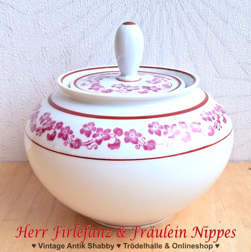 Vintage Zuckerdose aus weißem Porzellan mit rosa Blumen und Blüten aus den 50er Jahren (Weimarer Porzellan, Nordt-Malerei, Made in Germany)