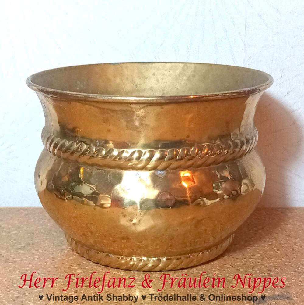 Vintage Übertopf für Blumentopf aus goldfarbenem Metall  Messing mit Kordel Dekor und Hammerschlag 