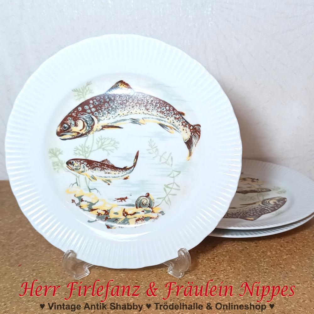 Weiße Frühstücksteller  kleine Teller aus Porzellan Unterwasser und Karpfen Motiv und Rillen Relief am Rand (von Henneberg, DDR)