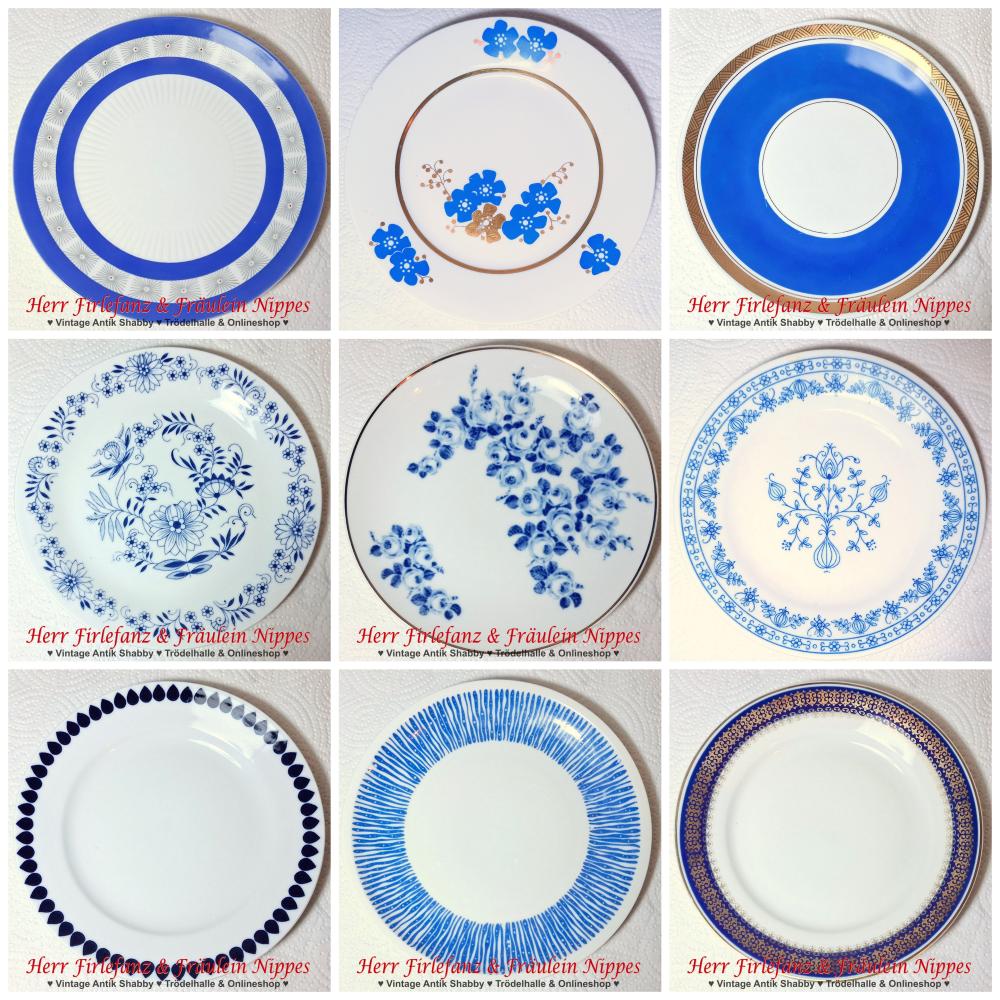 alte Vintage Frühstücksteller bzw. kleine Teller aus weißem Porzellan mit verschiedenen blauen Dekoren und Blumen im Mix Set