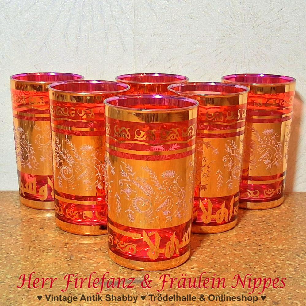 kitschige Trinkgläser für Limonade, Saft und Wasser in pink mit großflächigem Golddekor und breitem Goldrand (11cm hoch)