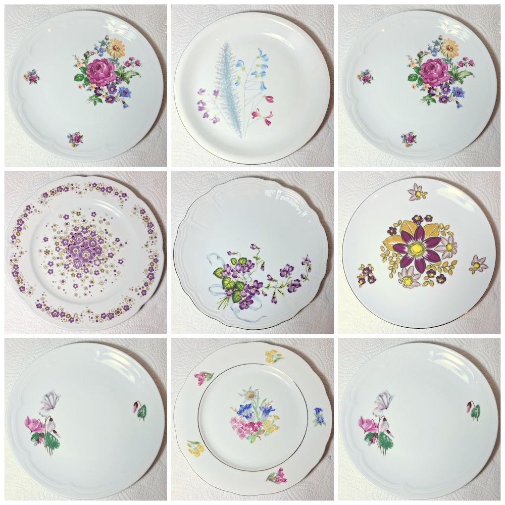 Vintage Frühstücksteller / kleine Teller für Kuchen und Frühstück aus weißem Porzellan mit verschiedenen Blumendekoren und teilweise Goldrand und Reliefdekor