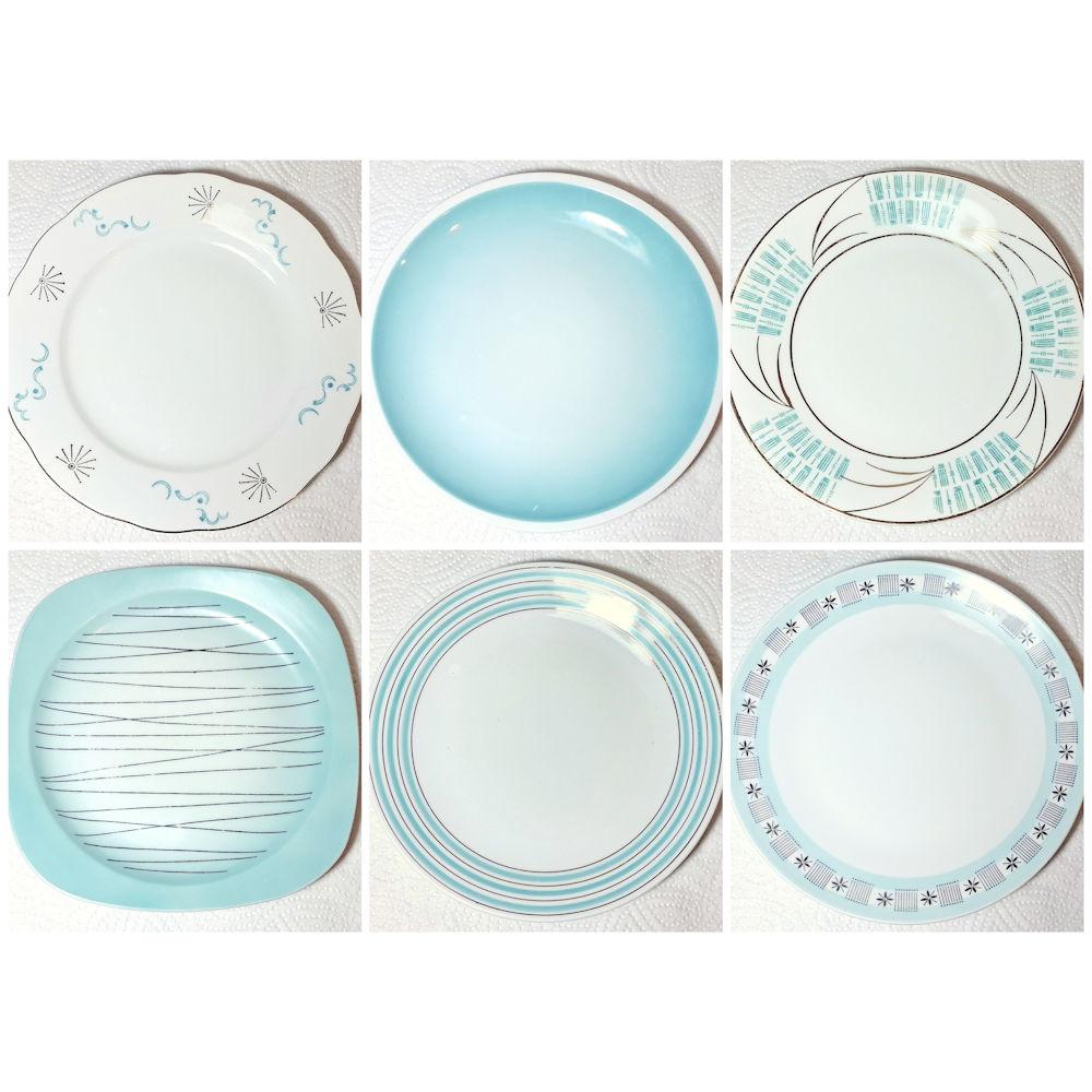 alte Vintage Frühstücksteller bzw. kleine Teller aus Porzellan mit verschiedenen Dekoren in mint / mintgrün / türkis aus den 50er / 60er Jahren im Mix Set