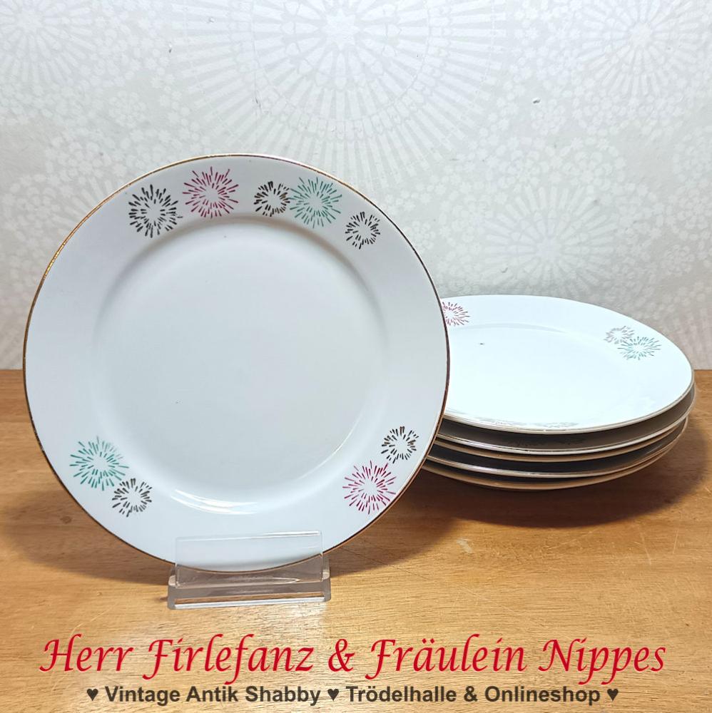 weiße Vintage Frühstücksteller mit Pusteblumen  Silvester Raketen in pink, gold und grün und mit Goldrand aus den 50er Jahren (Böttger Meissen)